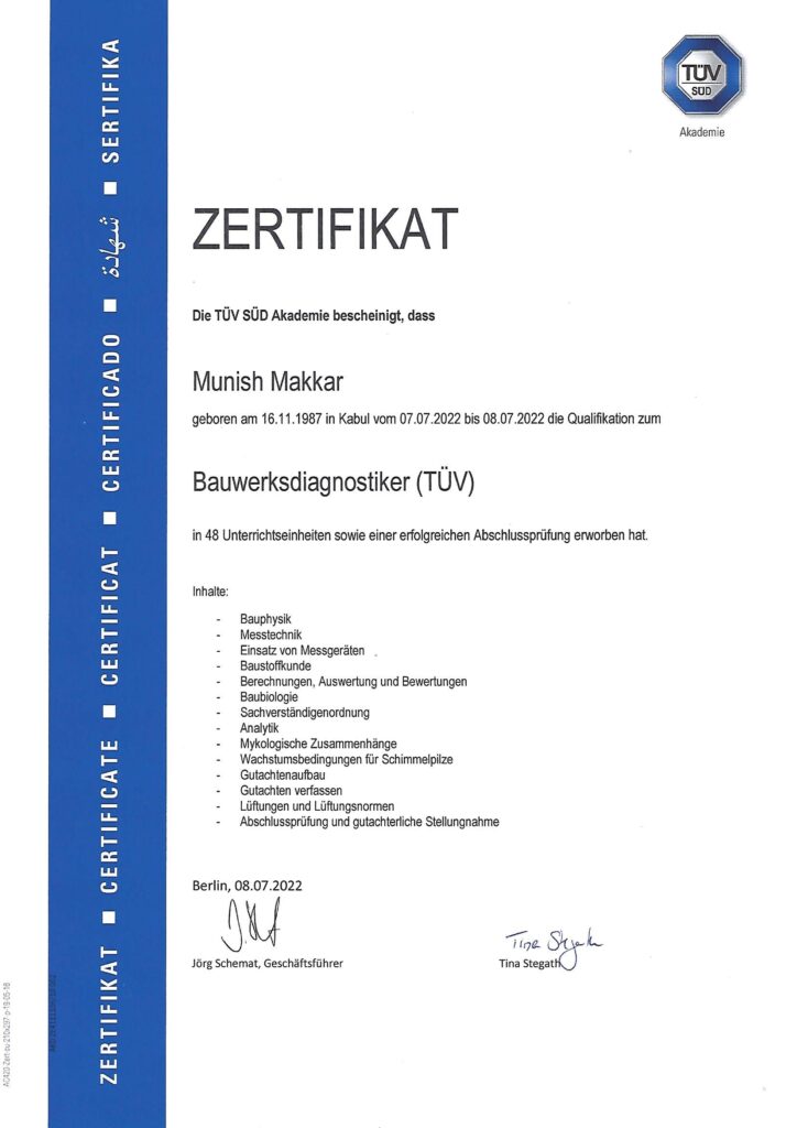 Bauwerksdiagnostiker TÜV Zertifikat Munish Makkar